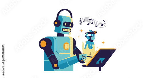 A Robotic Composer Creating Music While Wearing Headphones And Working On A Tablet