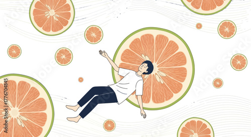 A Person Floating Amongst Fruit Slices Representing Whimsical Serenity and Dreams