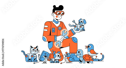 Wallpaper Mural A Robotic Creature Repairman with His Robotic Friends And Tools In a Colorful Illustration Torontodigital.ca