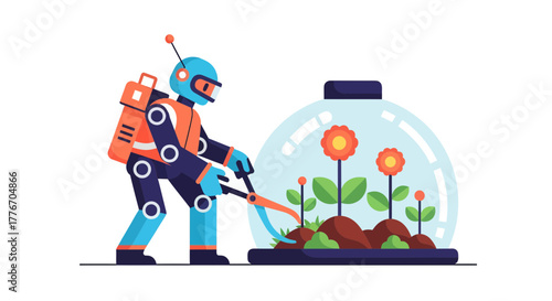 A Robotic Gardener Cultivates Flowers Under Futuristic Glass Dome Illustration