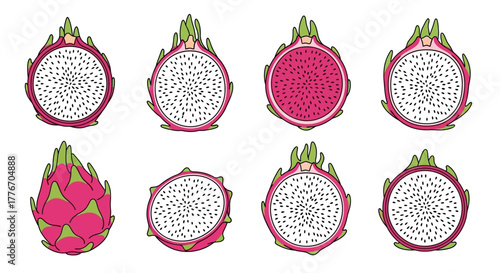 Illustration of dragon fruit whole and sliced showcasing internal texture