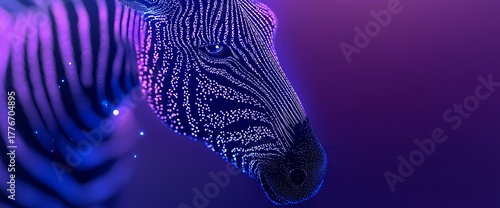 Abstract zebra head with stripes, glowing with purple and blue hues
