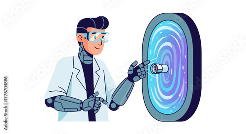 A Robotic Scientist Interacting With a Portal and Advanced Futuristic Technology