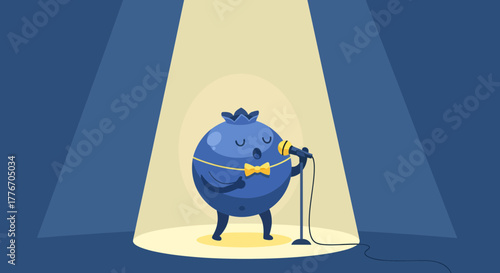 A Singing Blueberry Performing Under The Spotlight With A Bow Tie And Crown