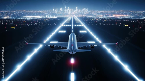Commercial airplane poised for takeoff on a brightly lit runway with city skyline at night, 4k high quality