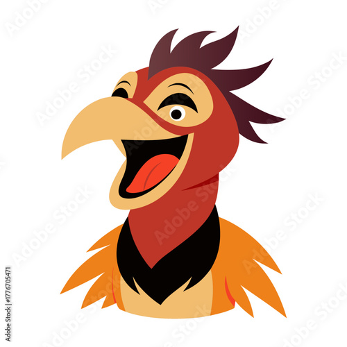 A cartoon illustration of a happy laughing bird character with a large beak and colorful feathers isolated on white background