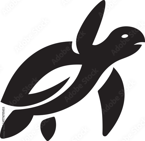 Sea turtle silhouette swimming with stylized fins, Ocean animal vector illustration black and white