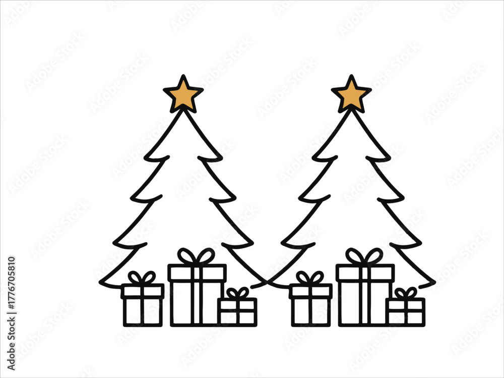 Obraz premium Minimalist Christmas tree with golden star and presents underneath