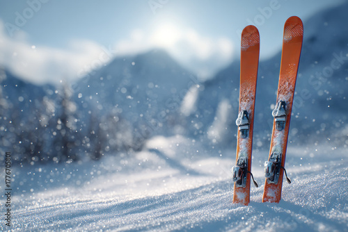 Bright orange skis planted upright snow landscape winter sports equipment detailed
