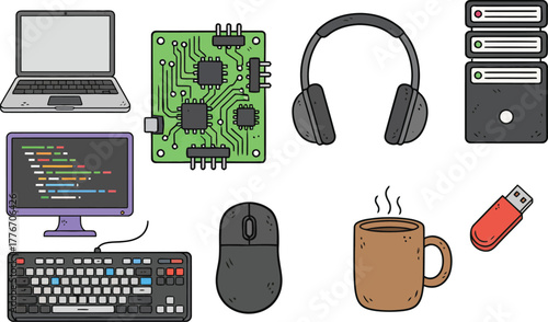 Cartoon Computer Equipment Set — Laptop, Coding Monitor, Headphones, Circuit Board, Keyboard, Mouse, Server, USB, Coffee Mug, Tech Illustration