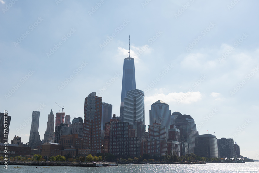 Obraz premium New York City, NY, USA. October 17, 2014: Skyscrapers in Lower Manhattan with One World Trade Center prominently visible.