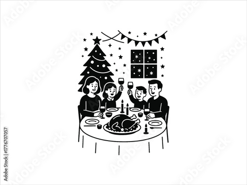 Flat design of Christmas dinner table with family celebration 