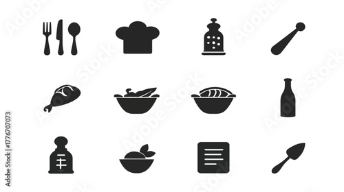 Kitchen and Food Icons Set Vector Illustration. Black Silhouette Symbols for Cooking, Restaurant, and Dining.