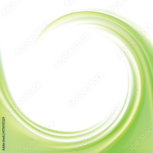 Vector art fancy modern elegant creative wonderful wavy eddy futuristic pea color backdrop of glossy rippled curvy spraying surface. Closeup view with space for text in glowing white center in middle 
