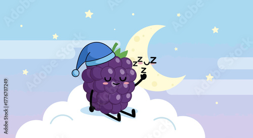 A Sleepy Berry Personification Asleep On A Cloud Under The Moonlight In Dreamland