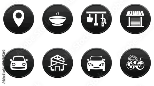 Black and white web icons set for navigation and services, including location, food, kitchen, shop, car, hospital, and bicycle symbols