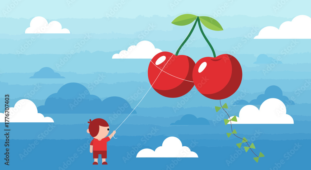 Fototapeta premium A Young Person Flying A Kite Made Of Giant Cherries In A Bright Blue Sky