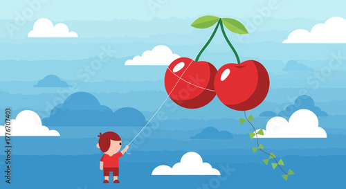 A Young Person Flying A Kite Made Of Giant Cherries In A Bright Blue Sky