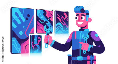 A Smiling Technician Uses A Wrench To Maintain Abstract Digital Screens