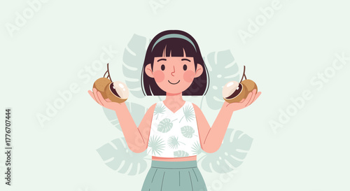 A Young Woman Joyfully Holding Tropical Fruit Longan, Ready To Eat With Style