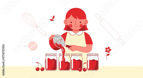 A Young Woman Making Cherry Preserves In A Jar Preparation Process