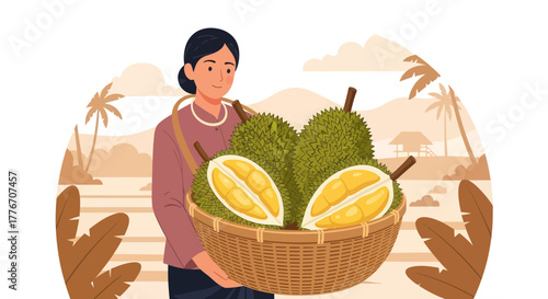 A Southeast Asian Woman Displaying The Prized Durian Fruit In A Rattan Basket