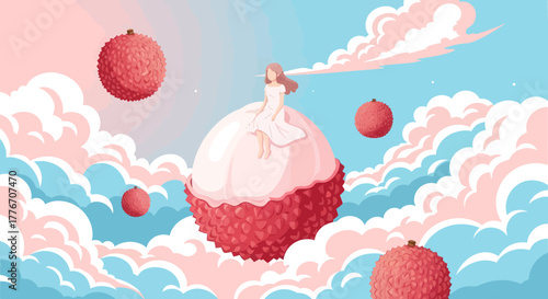 A Young Woman Rests on a Giant Lychee in a Dreamy Cloudscape, Colorful Surrealism