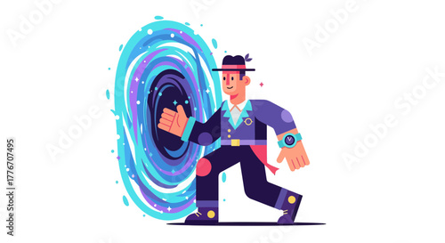 A Stylish Gentleman Transitions Through A Mysterious Interdimensional Portal Journey Adventure