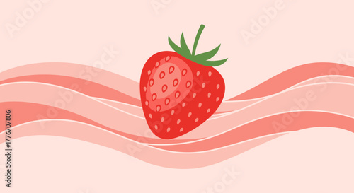A Vibrant Strawberry Displayed Against Pink Wavy Lines for Design and Decoration