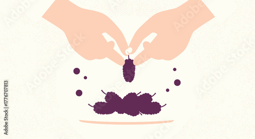Abstract Hands Holding Single Purple Fruit, Placing Into Plate, Simple Design Illustration