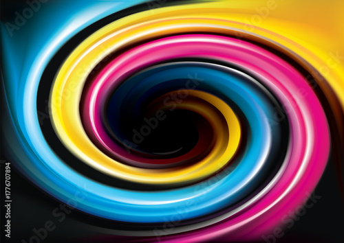 Creative eddy aqua pattern of vivid primary dye gamma full palette pigment symbol frame banner. Printout technology process glossy curvy spraying ripple disk icon sign logo. Closeup view text space