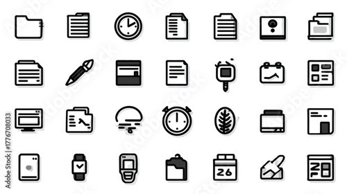 Set of minimalist black and white line icons for digital interface, office applications, business, and technology concepts. Vector symbols pack for web and mobile design.