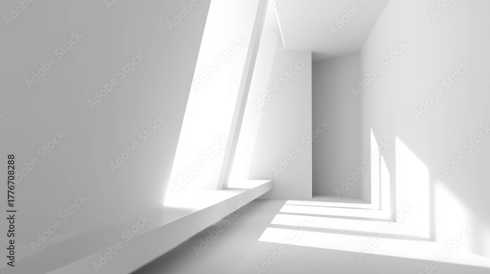Fototapeta premium white empty abstract room white wall background with sunlight beams and shadows. blank white space interior copy space room background - copy space minimalistic stage podium table