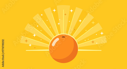 Abstract Orange Fruit Illustration With Sunshine Rays And Sparkles On Golden Backdrop