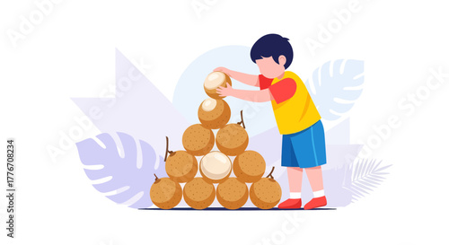 A Young Boy Joyfully Stacking Longans, A Wholesome Illustration Of Play And Fun