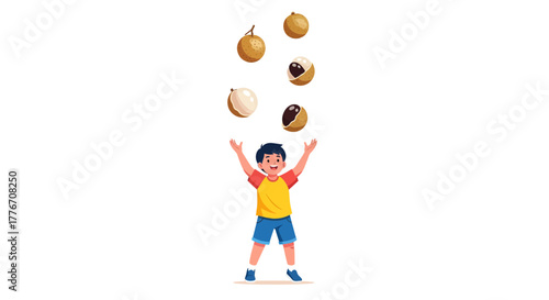 A Young Boy Joyfully Tosses Longan Fruits Into The Air, Demonstrating Delight