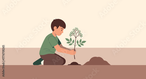 A Young Boy Planting a Tree, Symbolizing Growth And Environmental Responsibility