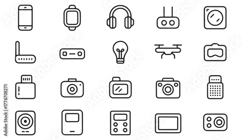 Digital device and technology line art set — minimalist vector icons of phones, drones, and smart gadgets for web design