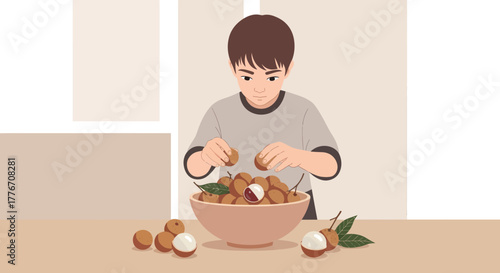 A Young Boy Preparing A Bowl Full Of Freshly Harvested Longan Fruits