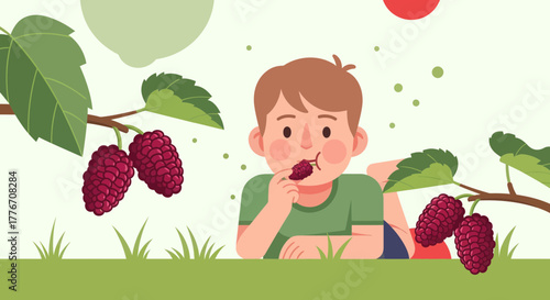 A Young Boy Relaxes And Enjoys Some Tasty Ripe Mulberries In A Delightful Scene