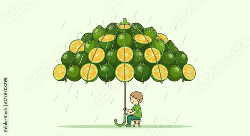 A Young Child Holds a Rain Umbrella Made of Citrus Fruits During a Gentle Rain