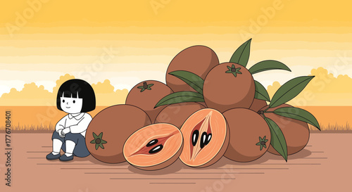 A Young Girl Relaxing Beside A Pile Of Brown Sapodilla Fruits And Green Leaves