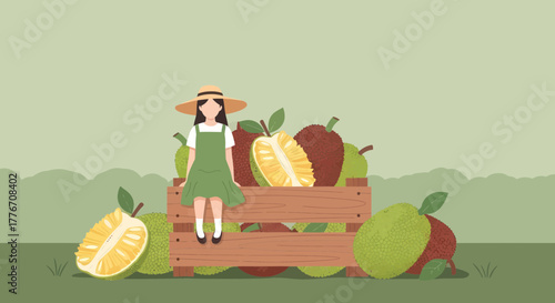 A Young Girl Relaxing and Surrounded By Freshly Harvested Jackfruits