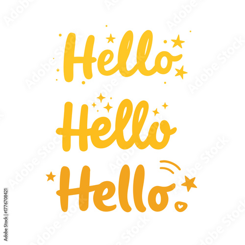 Hello hand-drawn lettering text variations in golden yellow with stars