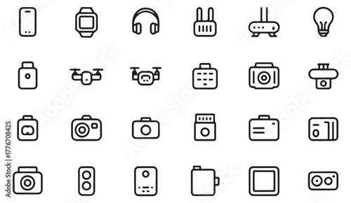 Modern tech and device vector icons — clean line art of gadgets, drones, and cameras for technology and innovation projects
