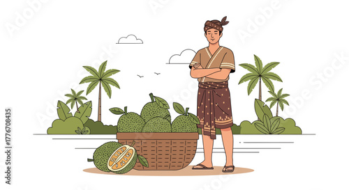 A Young Man Stands Beside Basket of Freshly Harvested Tropical Jackfruit Harvest