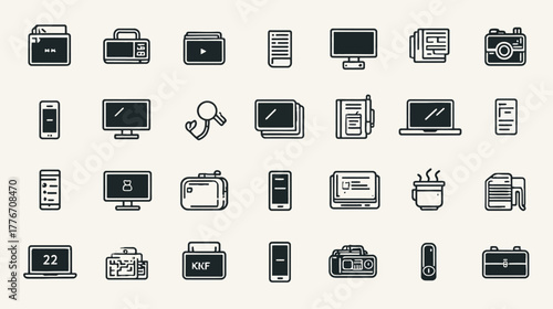 Retro pixel art technology icons set. Vintage digital devices, computers, smartphones, cameras, and electronics.