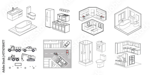 Architectural outline pack of household items and vehicles