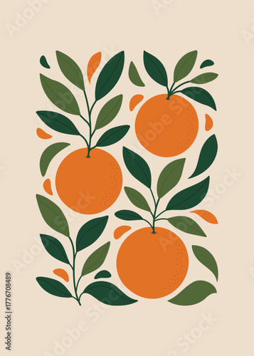 art oranges and leaves. colors orange, beige, and green. Illustration of fruits, decoration, cooking, kitchen, background, flat design