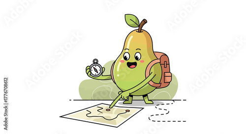 Adventurous Pear Navigating With Compass, Following Path, Ready for Exploration Journey